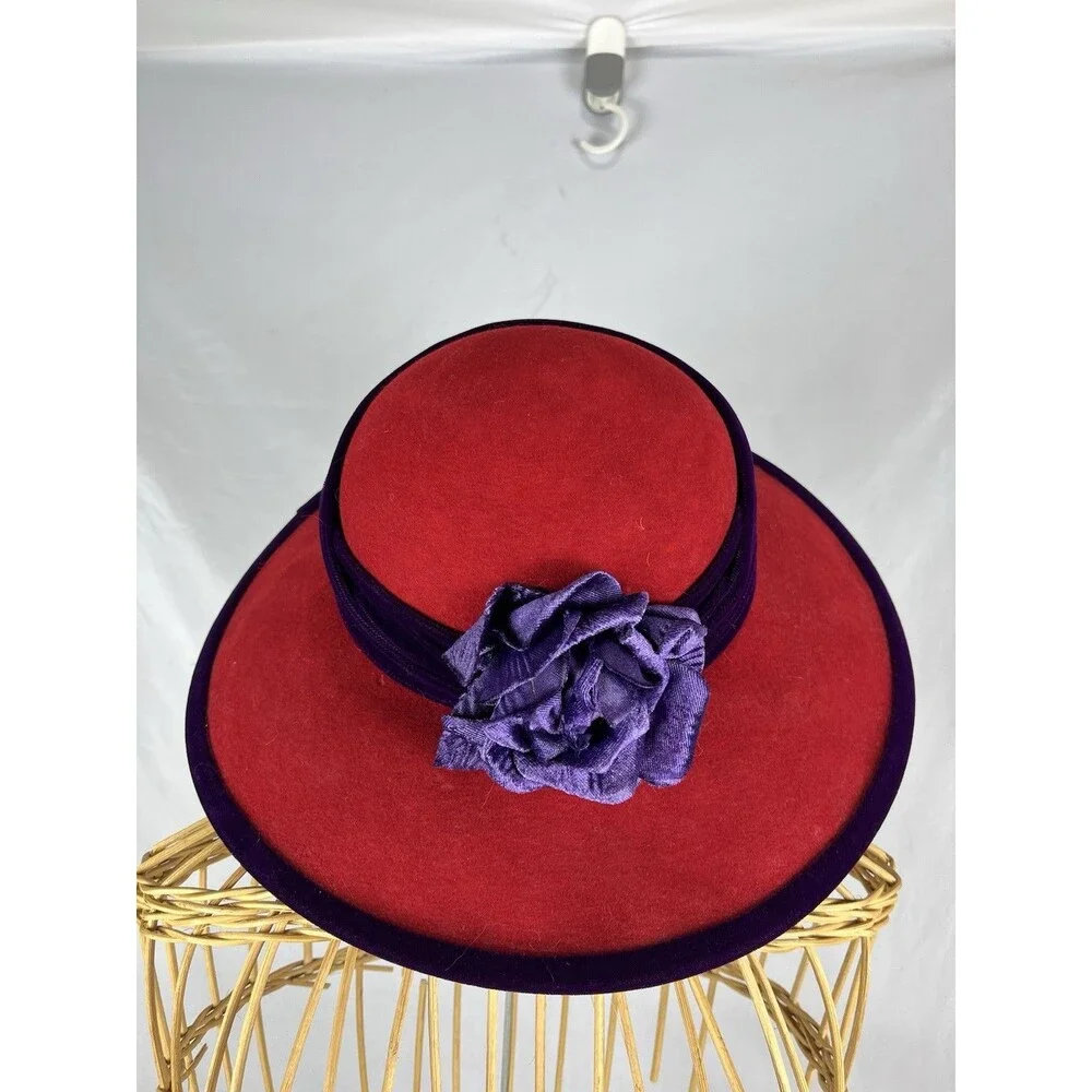 Scala Vintage Red Wool Wide Brim Hat Purple Trim Flower Church Derby Tea